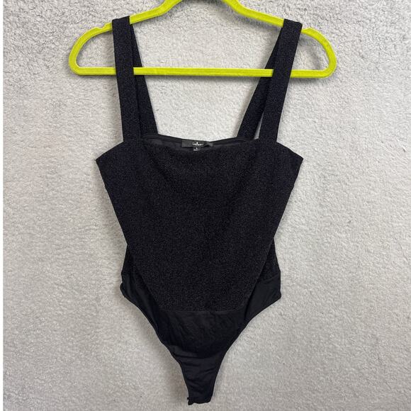 Lulus Stretch Bodysuit Square Neck Sleeveless Black Metallic Sparkle Size L NWT - Picture 3 of 9